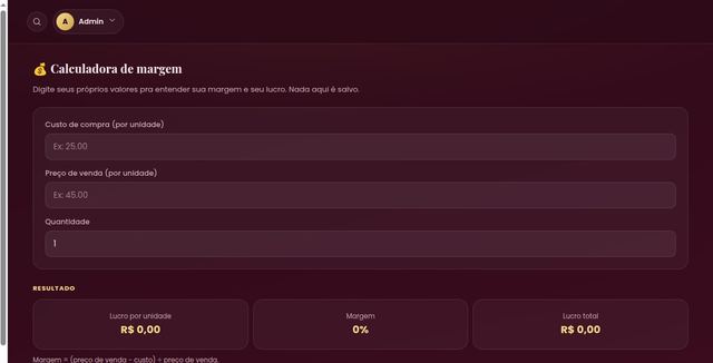 Tela da calculadora de margem do Amei Vender